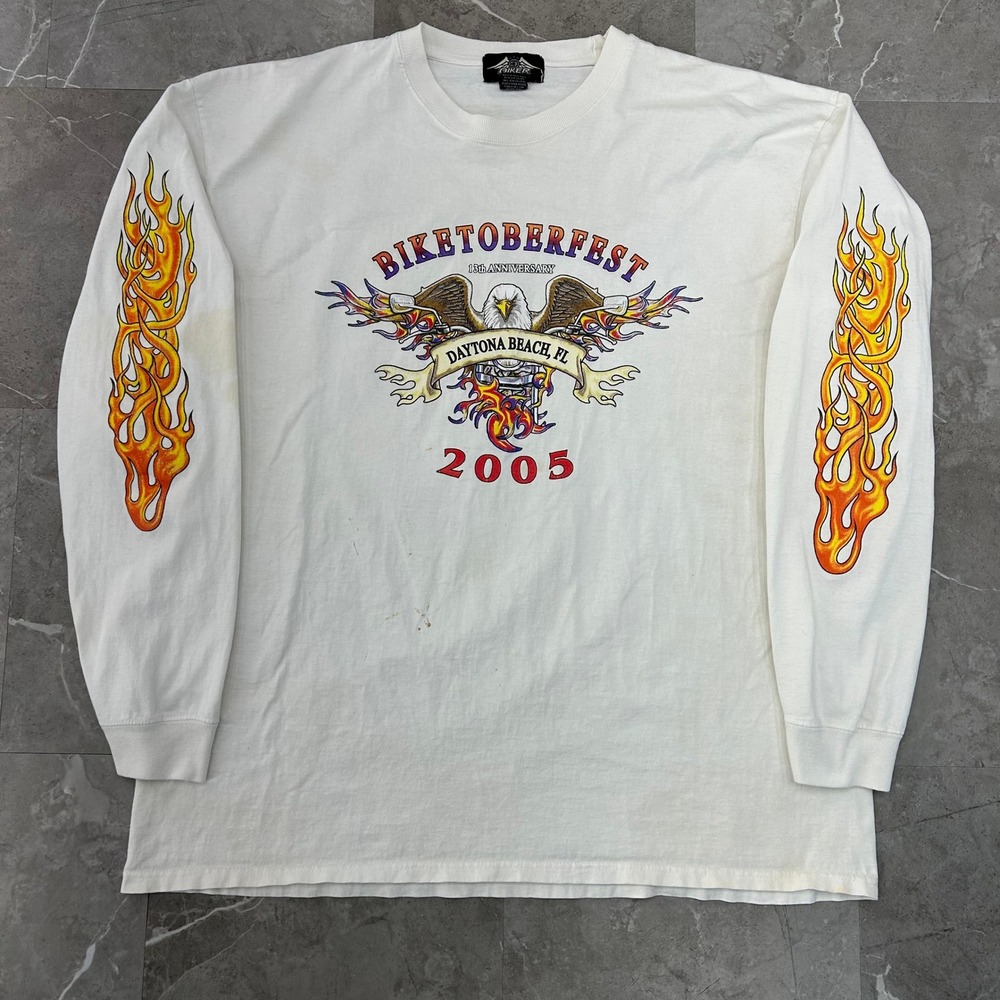 Vintage Biker Eagle Flames Grapihc Tee Mens 2XL Daytona Beach Long Sleeve Shirt